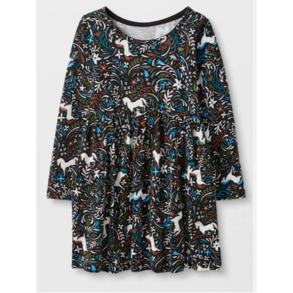 Girl HANNA ANDERRSON black Unicorn Floral Print Pocket L/s Play Dress Size 10 - Picture 1 of 4